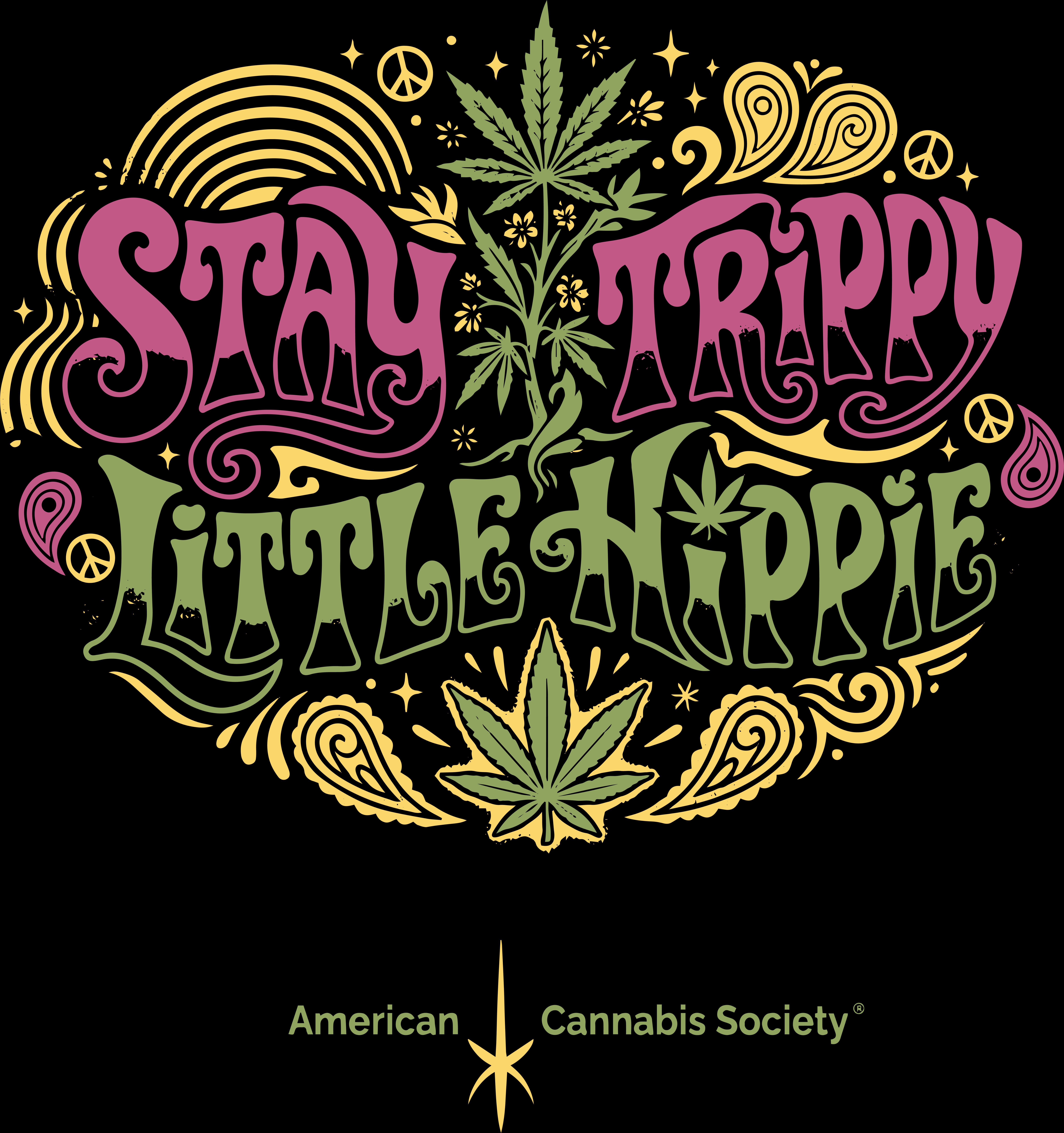 THC Factor Cannabis Clothing - Stay Trippy Little Hippie Tee Stay Trippy Little Hippie cannabis t-shirt graphic from the THC Factor clothing line by GreenRX